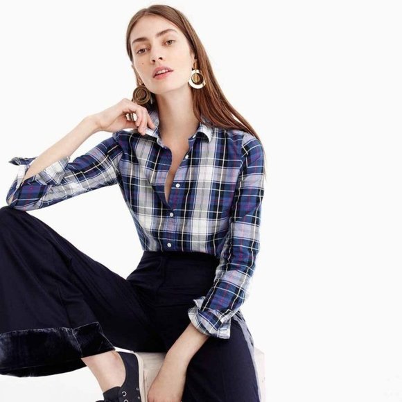 J. Crew Tops - J.Crew Perfect Shirt Blue Tartan Plaid Button Down Long Sleeve Top